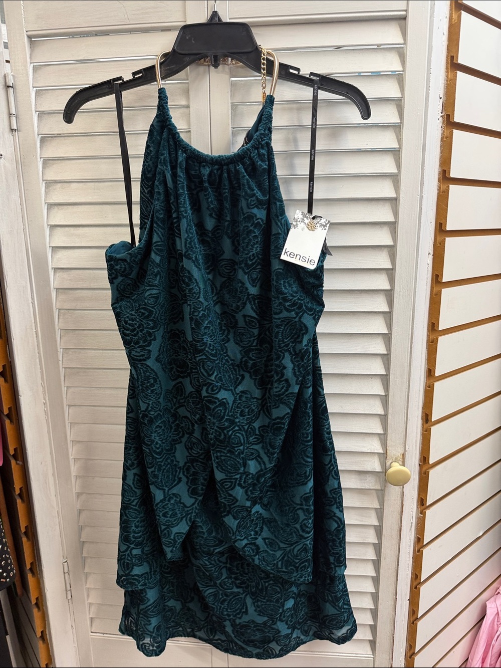 Kensie Teal Floral Velvet Halter Mini Dress with Chain Straps